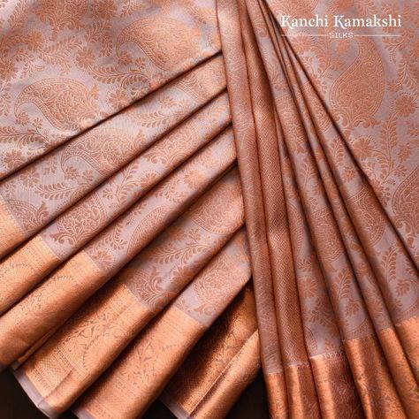 Aesthetically crafted copper zari paisley floral vines sway in every rustle of this Pastel Brown Arani Silk Saree. The rich self copper zari border with rudraksh, floral vines and brocade is a lustrous complement.    . . . #Aranisareesilk #Aranisilk #Aranisilksaree #Silk #Silksaree #sareelover #weavesofindia #sareeaddict #indianfashion #sareepact #Iwearsaree #Indianethnicwear #Handloomsaree #Iwearhandloom #Vizag #Vizianagaram #Rajahmundry #Vijayawada #Kanchikamakshisilks Copper Border Silk Saree, Copper Color Saree, Copper Zari Silk Saree, Copper Saree, Desi Clothing, Engagement Saree, Stylish Saree, Pastel Brown, Elegant Wear