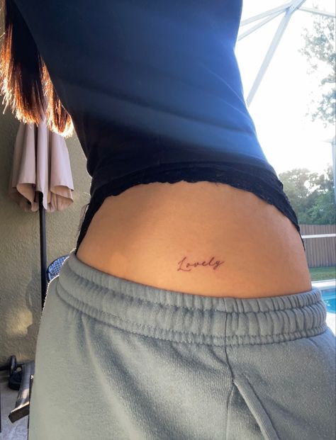 Dainty tattoo Dainty Tattoos Thigh, Dainty Tattoo Spots Women, Dainty Words Tattoo, Dainty Phrase Tattoos, One Word Cursive Tattoo, Above Hip Tattoos Women, Love Cursive Tattoo, Sternum Tattoo Dainty, Thigh Tattoos Women Dainty