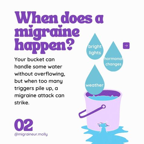 Ever heard of the Bucket Theory? 🪣 It’s a simple way to visualize how small factors can build up and trigger a migraine attack. Stress, lack of sleep, bright lights—each one adds a little water to your bucket. The key? Managing those triggers to keep your bucket from overflowing. 🌊 But remember, migraine is a neurological condition, so this is just a theory, not a one-size-fits-all solution. Still, it can be a helpful tool for understanding and managing your attacks. Question! 💭 Do you find... Causes Of Migraine Headaches, Migraine Triggers, Migraine Attack, Migraine Pain, Migraine Headaches, Hormonal Changes, Lack Of Sleep, Bright Lights, Migraine