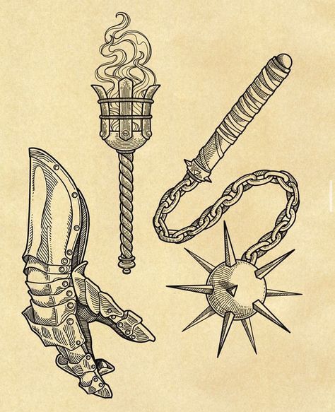 Medieval Flail Drawing, Medieval Flail Traditional Tattoo, Flail Tattoo Drawing, Knight Glove Tattoo, Scottish Themed Tattoos, Medevial Tattoos, Flail Tattoo Blackwork, Medieval Tattoo Ideas Middle Ages, Gauntlet Illustration