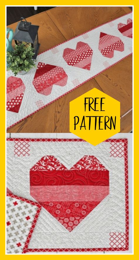 Valentines Runner, Syprosjekter For Nybegynnere, Valentine Table Runner, Quilted Table Runners Christmas, Table Topper Patterns, Heart Quilt Pattern, Holiday Table Runner, Quilted Table Runners Patterns, Table Quilts