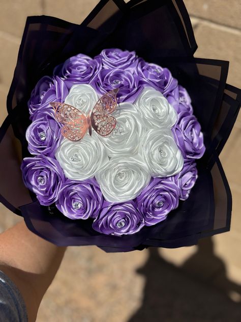 20 count eternal rose bouquet with diamonds and butterflies Quince Bouquet Purple, 15 Flower Bouquet Purple, Purple Flower Bouquet Gift, Purple Eternal Flower Bouquet, Violet Roses Bouquet, Purple Quinceanera Dresses, Beauty Iphone Wallpaper, Ribbon Rose Bouquets, Roses Bouquet Gift