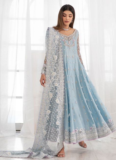 Farah Talib Aziz. Ice blue aryana kalidaar Light Blue Pakistani Suit, Light Blue Anarkali Dress, Ice Blue Dress Pakistani, Light Blue Pakistani Dress, Blue Pakistani Outfit, Farah Talib Aziz Formal, Blue Pakistani Dress, Ice Blue Gown, Ice Blue Dress