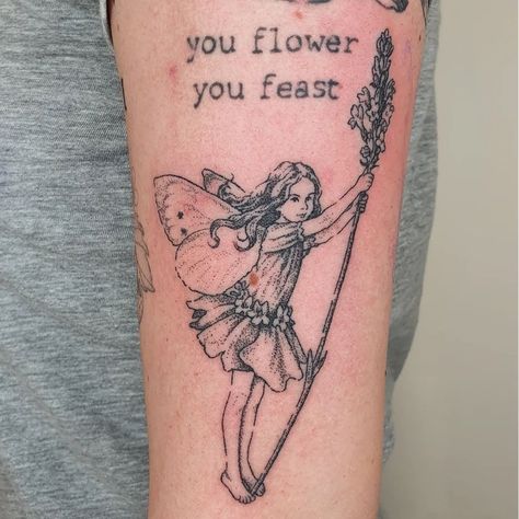 The lavender fairy, adapted from the artwork of Cecily Mary Barker, done for Arriana at @scorpiomarstattoo | Instagram Cecily Mary Barker, Bluebell Tattoo, Spray Tattoo, Lavender Fairy, Mom Daughter Tattoos, Lavender Tattoo, Leg Tattoos Women, Fairy Tattoo, Sun Tattoo