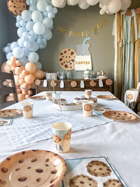 Cookies And Milk Baby Shower Ideas, One Tough Cookie Birthday, One Tough Cookie Birthday Party, Sweets Baby Shower Theme, Baby Boy 1st Birthday Themes, First Birthday Theme Ideas, Milk And Cookies First Birthday, Cookies First Birthday, Birthday Party Themes For Boys