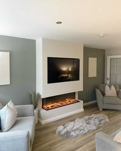 Tv Wall Wood, Tv Wall Design With Fireplace, Media Wall With Fireplace, Wall With Floating Shelves, Wall With Fireplace, Comfy Living Room Decor, Fireplace And Tv, Tv Wall Ideas, Electric Fireplace Living Room