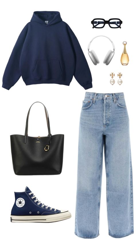 #aesthetic #inspiration #outfit #blue #hoodie #bag #black #converse #perfume #earrings #apple #headphones #sunglasses Converse Outfit Aesthetic, Blue Converse Outfit, Blue Hoodie Outfit, Hoodie Outfit Aesthetic, Headphone Outfit, Apple Headphones, Converse Outfit, University Outfit, Fashion Top Outfits