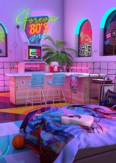 Retro Room Ideas, Aesthetic Nostalgia, 80s Bedroom Aesthetic, 80s Room, Decoration Vitrine, Retro Bedrooms, Neon Room, Retro Room, Deco Originale