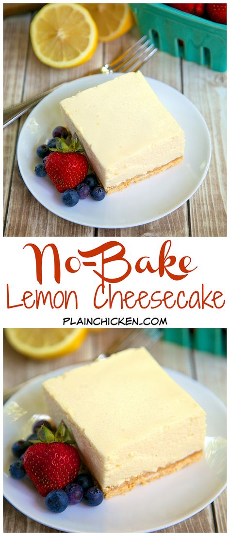 No-Bake Lemon Cheesecake Recipe - graham cracker crust, light and lemony no-bake cheesecake - SO good. THE BEST no-bake cheesecake EVER! Great with fresh berries. Lemon Cheesecake Recipe, Best No Bake Cheesecake, Lemon Cheesecake Recipes, No Bake Lemon Cheesecake, Biscuits Graham, Lemon Jello, Flavorful Meals, Dessert Simple, Bake Recipes