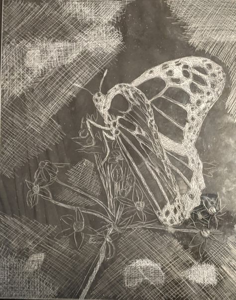 Drypoint etch of a monarch butterfly this is the plate before inking Butterfly Etching, Dry Point, Drypoint Etching, Monarch Butterfly, Bird Art, Printmaking, Etching, Surrealism, Butterflies