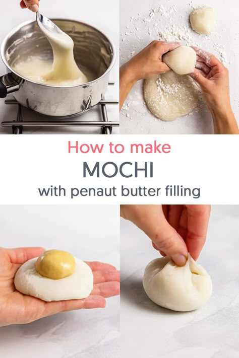 steps of making mochi with peanut butter filling Filled Mochi Recipe, Mochi Filling Recipe, Mochi Dough Recipe, Animal Mooncake, Japanese Candy Recipe, How To Make Mochi Recipes, Mochi Filling Ideas, Peanut Butter Mochi Recipe, Easy Mochi Recipe Simple