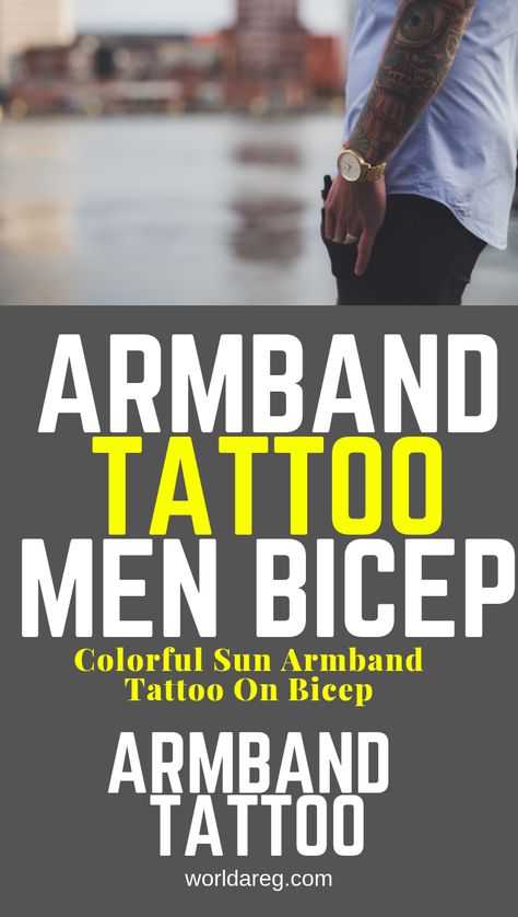 Armband Tattoo men bicep  Colorful Sun Armband Tattoo On Bicep   #tattoo #tattoos    #inkedup Outside Bicep Tattoo Men, Mens Bicep Tattoo, Bicep Tattoo Men, Armband Tattoo Design, Bicep Tattoo, Armband Tattoo, Sun Tattoos, Travel Tattoo, Tattoo Designs Men