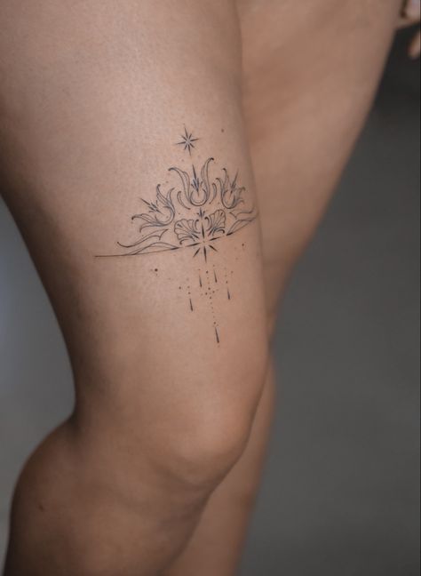 Tattoo ornament leg Open Circle Tattoo, Minimalist Ornamental Tattoo, Ornamental Tattoo Placement, Ornamental Tattoo Thigh, Ankle Tattoo Wrap Around, Front Hip Tattoos Women, Ornamental Knee Tattoo, Sleek Tattoos, Thigh Band Tattoo Women