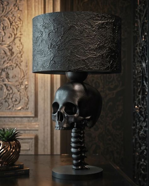 Skull spine lamp #horrordesign #horrorromance Bp House, Skull Table, Skull Furniture, Skull Lamp, Horror Romance, Lamp Bedside Table, R Design, Handmade Lamp, Goth Decor