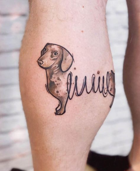 Dog Tattoo Ideas Dachshund, Dapple Dachshund Tattoo, Dashund Tatoos, Weenie Dog Tattoo Dachshund, Dachshund Memorial Tattoo, Dachshund Dog Tattoo, Slinky Dog Tattoo, Wiener Dog Tattoo Dachshund, Small Dachshund Tattoo