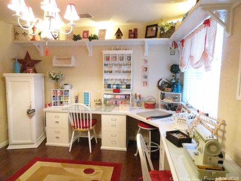 Craft and sewing room: like the uplit shelf around the top of the walls and the chandelier. Sewing Room Inspiration, Shelves Ideas, Sewing Spaces, Sewing Room Design, Dream Craft Room, Craft Room Design, Sewing Room Organization, Study Area, Quilting Room