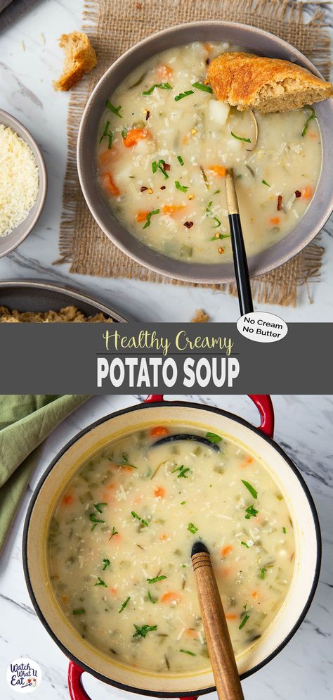 Prepare this easy and delicious one-pot healthy potato soup without cream and without cheese to make the chilly nights bearable. Yet it is creamy and perfect for a clean eating diet. Potato Soup No Dairy, Soup Without Cream, Healthy Potato Soup, Healthy Potato, Meatless Dishes, Healthy Potatoes, Loaded Potato Soup, Slow Cooker Stew, Healthy Soups