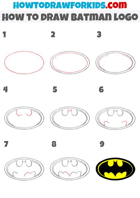 How to Draw Batman Logo - Easy Drawing Tutorial For Kids Batman Drawing Tutorial, Cartoon Batman Drawing Easy, How To Draw Batman Logo, Batman Easy Painting, Batman Art Drawing Easy, Batman Doodle Easy, Simple Batman Drawing, How To Draw Batman Step By Step, Easy Superhero Drawings