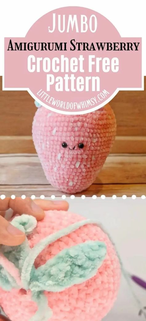 This no sew crochet amigurumi free pattern is a treat for crochet food lovers who love easy ideas. You will love the jumbo strawberry made with velvet yarn and it is a fun play food idea for your play kitchen or just as a décor item. No Sew Crochet Amigurumi, Crochet Amigurumi Free Pattern, No Sew Crochet, Crochet Stuffies, Velvet Crochet, Crochet Project Free, Foundation Single Crochet, Crochet Strawberry, Velvet Yarn