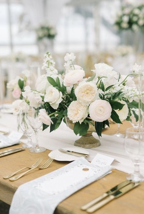 White Flower Table Arrangements Wedding, Gold Compote Centerpiece With White Flowers, Pedestal Bowl Centerpiece Wedding, Small White Floral Centerpieces Wedding, Summer Garden Wedding Florals, Floral Wedding Centerpieces Low, White Flower Center Piece Wedding, Wedding Table Dressing, Low Table Centerpieces Wedding