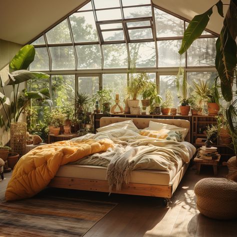 Experience the tranquility of these atmospheric bedrooms, filled with plants and bathed in light amber hues. The open windows invite the outdoors in, creating a misty, multi-layered environment that's perfect for relaxation. #AtmosphericBedrooms #NatureInspired #SolarizingMaster #Cabincore Bedroom Filled With Plants, Bedrooms With Big Windows, Bedroom Inspirations Wood, Plant Filled Bedroom, Big Window Bedroom, Bedroom With Big Windows, Bedrooms With Plants, Amber Core, Angled Bedroom