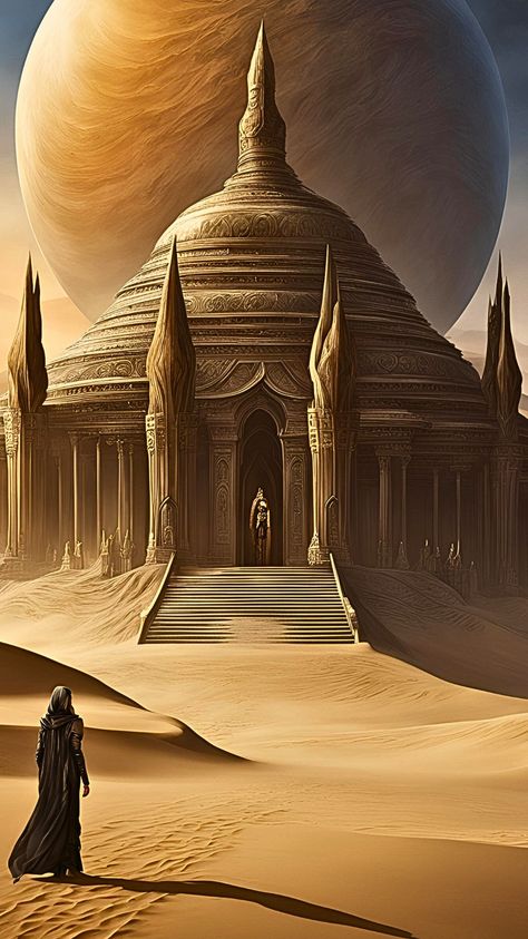 #fantasy #fantasyart Temple Fantasy Art, Desert Fantasy Art, Desert Temple, Dune Art, Desert Mountains, Fantasy Aesthetic, Story Ideas, Fantasy Landscape, Fantasy World