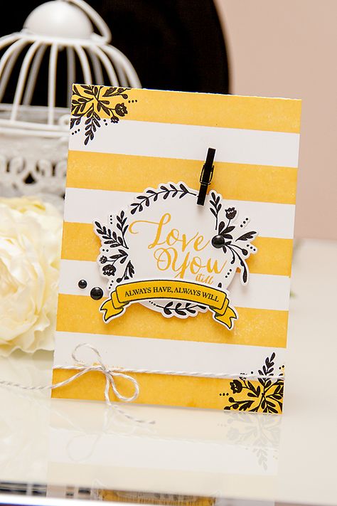 Yana Smakula | WPlus9 - Love you still | Black and Yellow Valentine's Day Card. Yana Smakula, Stripe Background, Yellow Card, Yellow Cards, Valentine Love Cards, Valentine Wishes, Striped Background, Winter Cards, Cards For Friends