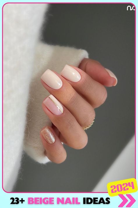 Almond-shaped beige nails with glitter tips, French-inspired design. Acrylic nails with a glossy finish, medium length. Ideal for weddings, parties, or any special occasion where you want a glamorous twist on classic beige nails. Metallic Nail Colors, Short Nail Ideas, Glittery Nails, Nail Colors Winter, Beige Nails, Short Nail, Summer Nails Colors, Short Nail Designs, Nail Designs Spring