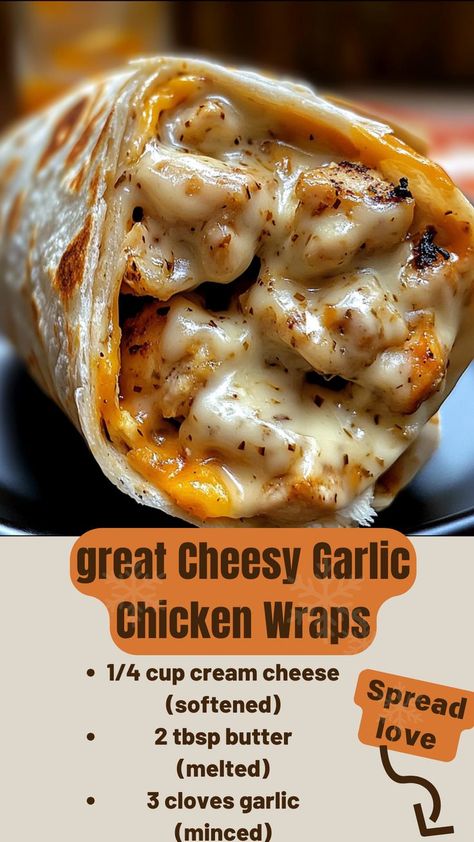 Cheesy Garlic Chicken Wraps – A delicious mix of seasoned chicken, melted cheese, and garlic wrapped to perfection. Simple, quick, and packed with flavor! #QuickMeals #CheesyWraps #DinnerIdeas #TastyEats Dinner Ideas From Dollar General, Easy Things To Make With Chicken, Cheesey Chicken Garlic Wrap, Cheesy Garlic Chicken Wraps Mmm Recipes, Garlic Cheesy Chicken Wraps, Recipe For Shredded Chicken Dinners, Chicken Garlic Wrap, Easy Lunches With Chicken, Cheesy Chicken Tortillas