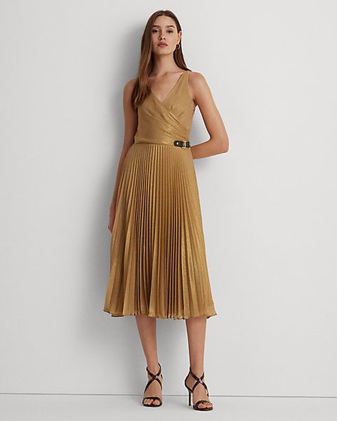 Pleated Metallic Chiffon Cocktail Dress for Women | Ralph Lauren® UK Sunray Pleats, Chiffon Cocktail Dress, Eve Dresses, New Years Eve Dresses, Surplice Neckline, Pleated Bodice, Ralph Lauren Womens, Agra, Cocktail Dress Party