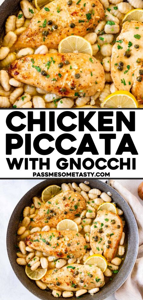 Chicken Piccata with Gnocchi - Thinly sliced chicken is dredged in seasoned gluten-free flour and sautéed in a dreamy lemon butter pan sauce with wine and capers. Then add some gluten-free gnocchi to this Chicken Piccata for the ultimate tasty comfort food dinner! Only 25 minutes start to finish! Chicken Piccata With Rice, Creamy Chicken Piccata With Gnocchi, Recipes With Gnocchi And Chicken, Chicken And Gnocchi Skillet, Lemon Gnocchi Chicken, Lemon Chicken Gnocchi, Gluten Free Gnocchi Recipes, Gnocchi Chicken, Capers Recipe