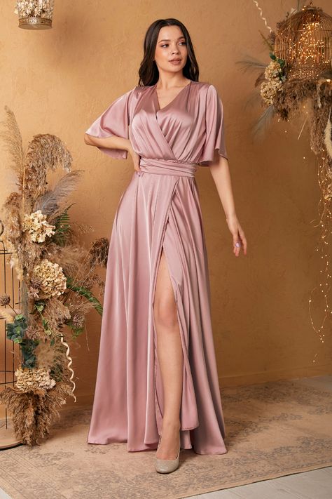 Loose Bridesmaid Dress, Pink Silk Dress Short, Dress Bridesmaid Satin, Satin Dresses Short, Charmeuse Bridesmaid Dress, Sleeve Bridesmaid Dress, Satin Ruffle Dress, Short Sleeve Bridesmaid Dress, Summer Evening Dress