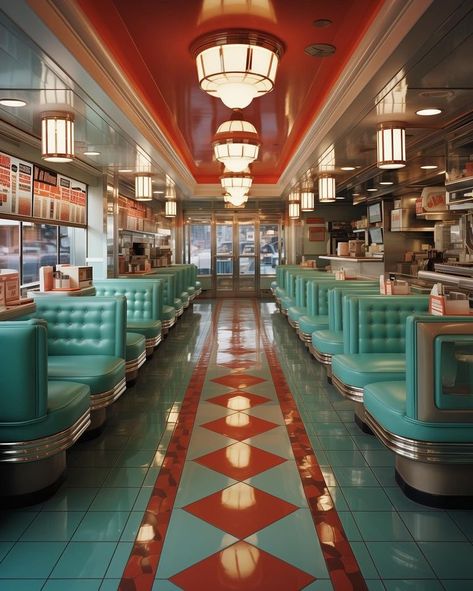 @orangeglasses • Instagram photos and videos Retro Futurism Restaurant, Futuristic Diner, Futuristic Restaurant, Classic American Diner, Boba Shop, Diner Aesthetic, Restaurant Inspiration, Arcade Bar, American Bar