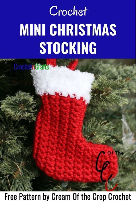 Free crochet pattern for a mini stocking by Cream Of The Crop Crochet. #crochet #stocking #christmasstocking #freecrochetpattern #creamofthecropcrochet #crochetncrafts #rhelena Crochet Small Christmas Stocking, Mini Stockings Crochet, Mini Stocking Crochet Pattern, Mini Crochet Stocking, Crochet Mini Stocking, Stocking Pattern Free, Crochet Christmas Stocking Pattern, Christmas Knitting Patterns Free, Mini Christmas Stockings