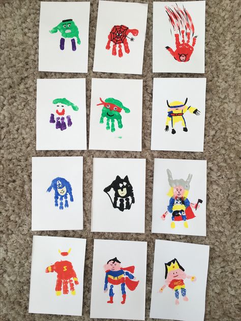 Superhero Handprints Superhero Handprint Craft, Superhero Toddler Crafts, Superhero Art For Toddlers, Superhero Toddler Activities, Superhero Fathers Day Ideas, Superhero Crafts For Toddlers, Handprint Superhero, Superhero Arts And Crafts, Superhero Handprint Art