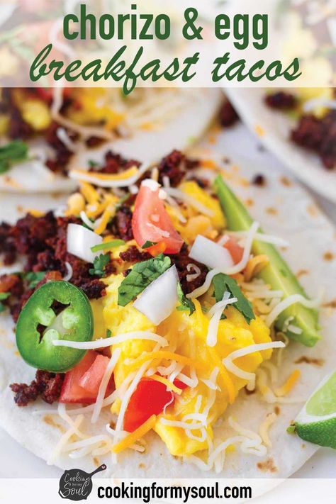 Chorizo Breakfast Tacos! These breakfast tacos are filled with scrambled eggs, mexican chorizo, and lots of delicious toppings. The perfect breakfast! Scrambled Egg Tacos, First Watch Breakfast Tacos, Chorizo And Egg Tacos, Chorizo Breakfast Tacos, Chorizo Meals, Breakfast Tacos Chorizo, Egg Breakfast Tacos, Best Breakfast Tacos, Breakfast Savory