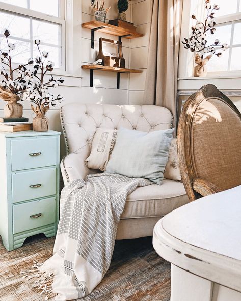 She Shed Interior Ideas, She Shed Decorating Ideas, She Shed Office, Cozy Office Space, She Shed Interior, Big Comfy Chair, Blue Side Table, Shed Office, Shed Decor