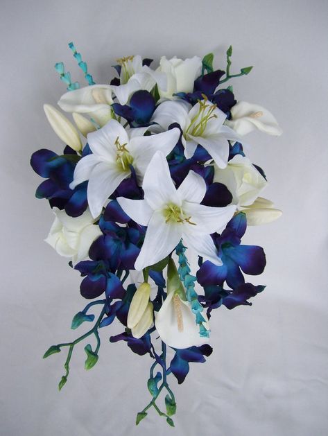 Bridal Bouquet With Blue, Cascade Bridal Bouquet, White Dendrobium Orchids, Orchids White, White Calla Lilies, Bridal Bouquet Blue, Cascading Bridal Bouquets, Rose Bridal Bouquet, Lily Bouquet