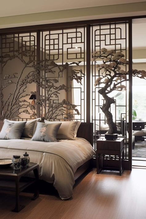 17 Clever Bedroom Divider Ideas To Help Maximise Your Space 1 Chinese Inspired Bedroom, Chinese Bedroom Design, Chinese Bedroom Ideas, Modern Wall Partition, Chinese Interior Design Modern, Bedroom Divider Ideas, Patio Interior Design, Room Divider Ideas Bedroom, Modern Chinese Interior