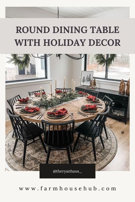 Christmas Round Kitchen Table, Christmas Table Decorations For Round Tables, White Dinning Room Decor Ideas, Round Table Xmas Decor, Round Holiday Table Setting, Setting A Round Table For Christmas, Christmas Decor Ideas Round Table, Round Table Setting Christmas, Round Table Holiday Decor