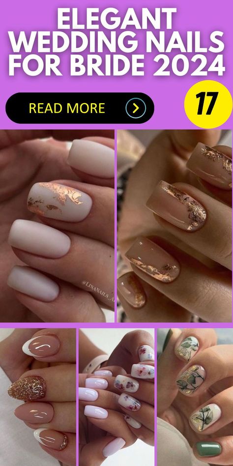 White and Gold Sparkle Wedding Nails: Add a dose of sparkle and glamour to your bridal look with white and gold sparkle nails. These nails feature glittering accents that catch the light beautifully, making them ideal for brides who want to shine on their special day. Wedding Nails Champagne Color, Rose Gold Wedding Nails For Bride, Simple Wedding Nails For Bride Short, Nails Ideas For Wedding, Bride Nails Wedding Elegant Gold, Gold Wedding Nails For Bride, Fun Wedding Nails For Bride, White And Gold Wedding Nails, Wedding Nails With Gold