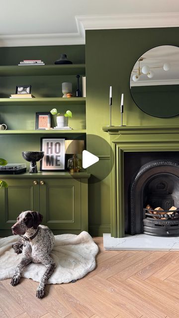 Georgina Raine on Instagram: "It was never our plan to buy a new build, but we were faced with the house vs. location conundrum & having young kids, the latter took priority! 🫠  But a new build doesn’t have to be boring! Here we’ve built out the chimney breast, added a new fireplace & alcove shelvings & gone for a bold colour to inject character and personality into the room  Would you have guessed my home is a newer build? 🤔🏡  #newbuild #newbuildhome #newbuildjourney #ukhome #ukhomes #panelling #panelledwalls #builtins #bespokemyhome #alcoveunits #fireplace #moderninteriors #bifolddoors #alcoveshelving #alcoveunits #fireplacedecor #modernindustrial #scandihomedecor #contemporaryhome #fireplacemakeover #livingroom #livingroomdecor #greendecor #herringbonefloor" Alcove Colour Ideas, Green Chimney Breast, Alcove Joinery, Chimney Breast Ideas, Fireplace Alcove, Alcove Shelving, Living Room Renovation, Chimney Breast, Herringbone Floor