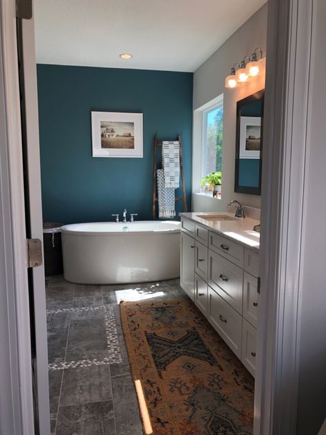 Cascades Sherwin Williams Bathroom, Bathroom With Teal Accents, Muted Blue Bathroom, Bold Bathroom Ideas Paint, Riverway Sherwin Williams Bathroom, Blue Accent Wall With Grey Walls, Bold Bathroom Paint Colors, Blue Bathroom Accent Wall, Refuge Sherwin Williams