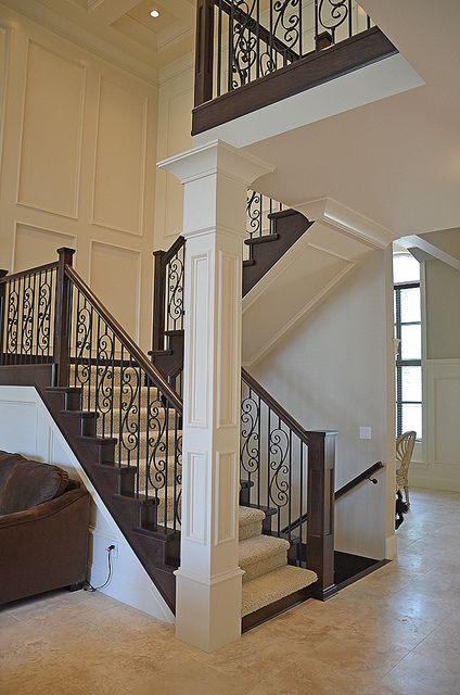 Staircase newel posts in open concept staircase. by nucasa, via Flickr 2 Story Open Staircase, Staircase With Column, Open Concept With Stairs In Middle, Craftsman Stairs, Kitchen Columns, Stair Railing Makeover, Stair Posts, Luxury Staircase, Stair Banister