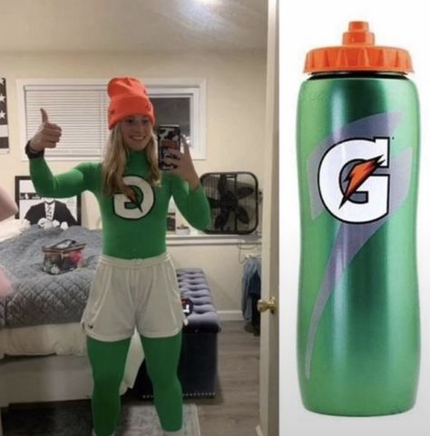 Tailgate Costume Ideas, Easy Halloween Best Friend Costumes, Halloween Costumes Gatorade, Gatorade Costume Diy, Funny Bff Costumes, Uno Halloween Costume, Gatorade Bottle Costume, Twin Costume Ideas For Teens, Gatorade Bottle Halloween Costume