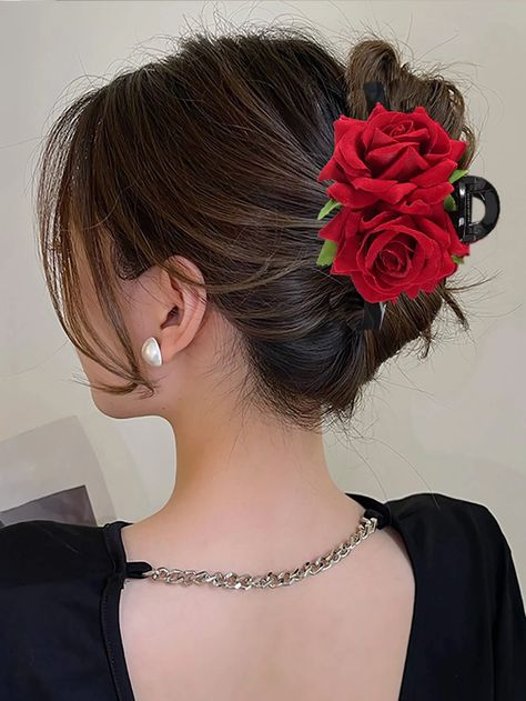 Flower Decor Hair Claw | SHEIN USA Red Rose Hairstyle, 18th Debut, Vampires Wife, Elegance Hair, Wedding Party Hair, Flower Hair Claw, Halloween Fest, Party Hair Accessories, Floral Hair Clip