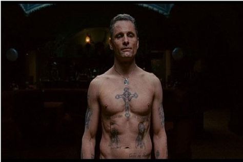 Cross on Chest Promise Tattoo, David Cronenberg, Eastern Promises, Army Tattoos, Prison Tattoos, Movie Tattoos, Viggo Mortensen, Fallen London, Film History