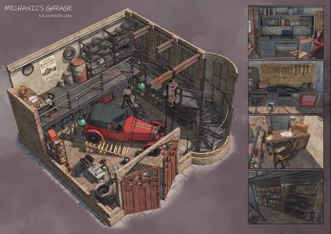 ArtStation - Game Project - Mechanic Garage Cyberpunk House, Car Mechanics Garage, Interior Concept Art, Interrior Design, Garage Design Interior, Mechanical Workshop, Mechanical Room, Labs Art, Spaceship Interior