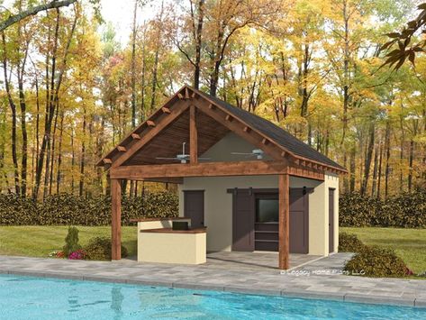 062P-0027: Pool House Plan with Bar/Grill Small Pool House Plans, Small Pool House Ideas, Pool Shed Ideas, Simple Pool House, Tiny Pool House, Pool Storage Ideas, Pool Hut, Small Pool House, Pool Sheds