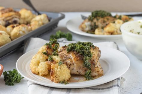 Cajun Chicken and Cauliflower with Chimichurri Garlic Basil Chicken, Baked Cajun Chicken, Chicken And Cauliflower, Chicken Thighs Dinner, Chimichurri Chicken, Greek Yogurt Chicken, Homemade Cajun Seasoning, Yogurt Chicken, Quick And Easy Appetizers